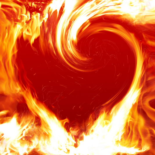 “Heart made of swirling flames symbolizing inner fire, soul energy, and personal transformation”