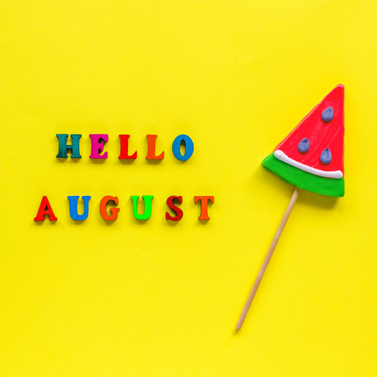 hello august letters with yellow background and a watermellon lollipop, freakyhealer august post blog