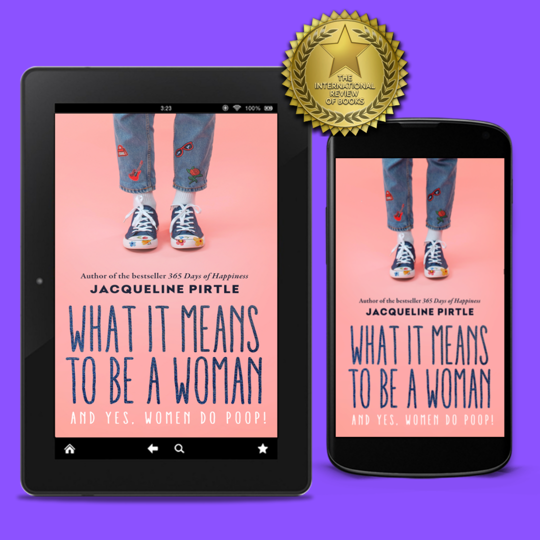 Tablet and smartphone displaying the book cover of 'What It Means to Be a Woman' by Jacqueline Pirtle on a purple background.