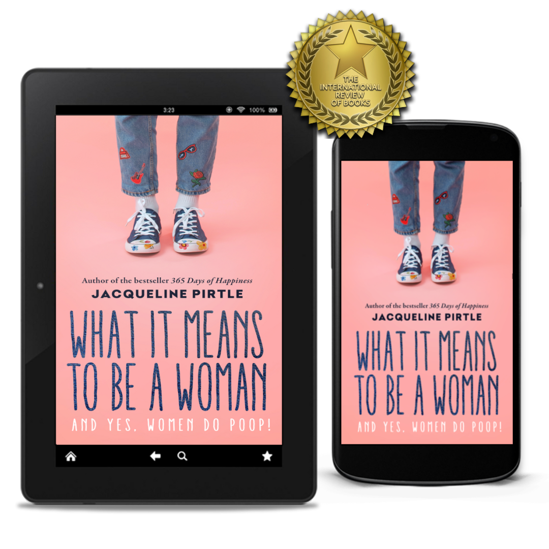 Digital copies of 'What It Means to Be a Woman' on a tablet and phone with a gold award badge.
