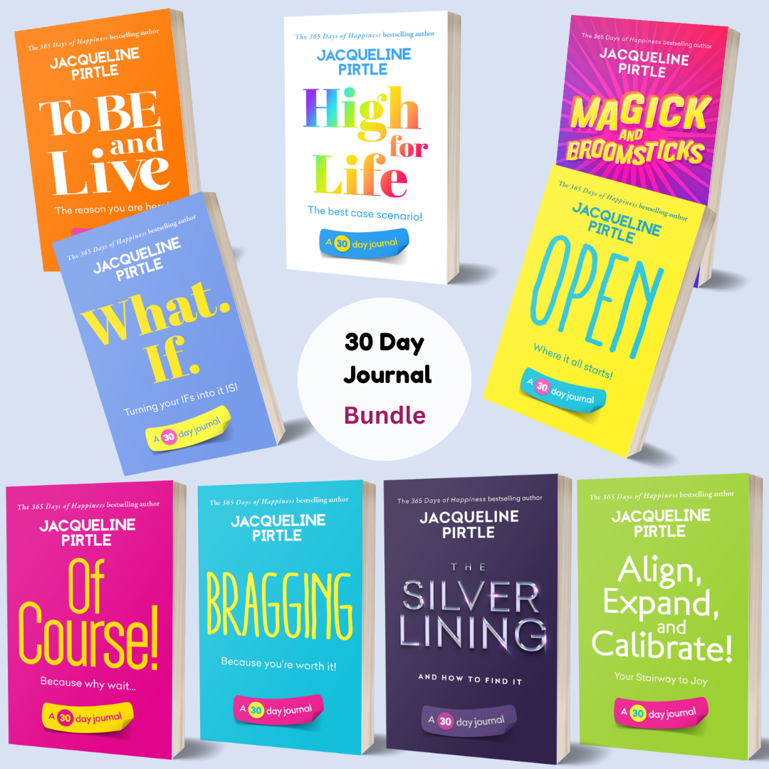 A collection of six colorful booklets with the author's name, Jacqueline Purtle, on each cover. The booklets are part of a 30 day journal workbook bundle.