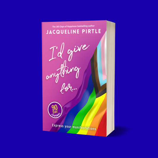 Book titled 'I'd Give Anything For' by Jacqueline Pirtle on a blue background. A manifestation journal for non-binary people