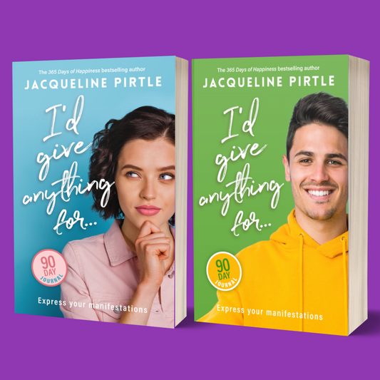 Two books titled 'I'd Give Anything For' by Jacqueline Pirtle on a purple background, two manifestation journals for a woman and for a men, as a couple and a bundle