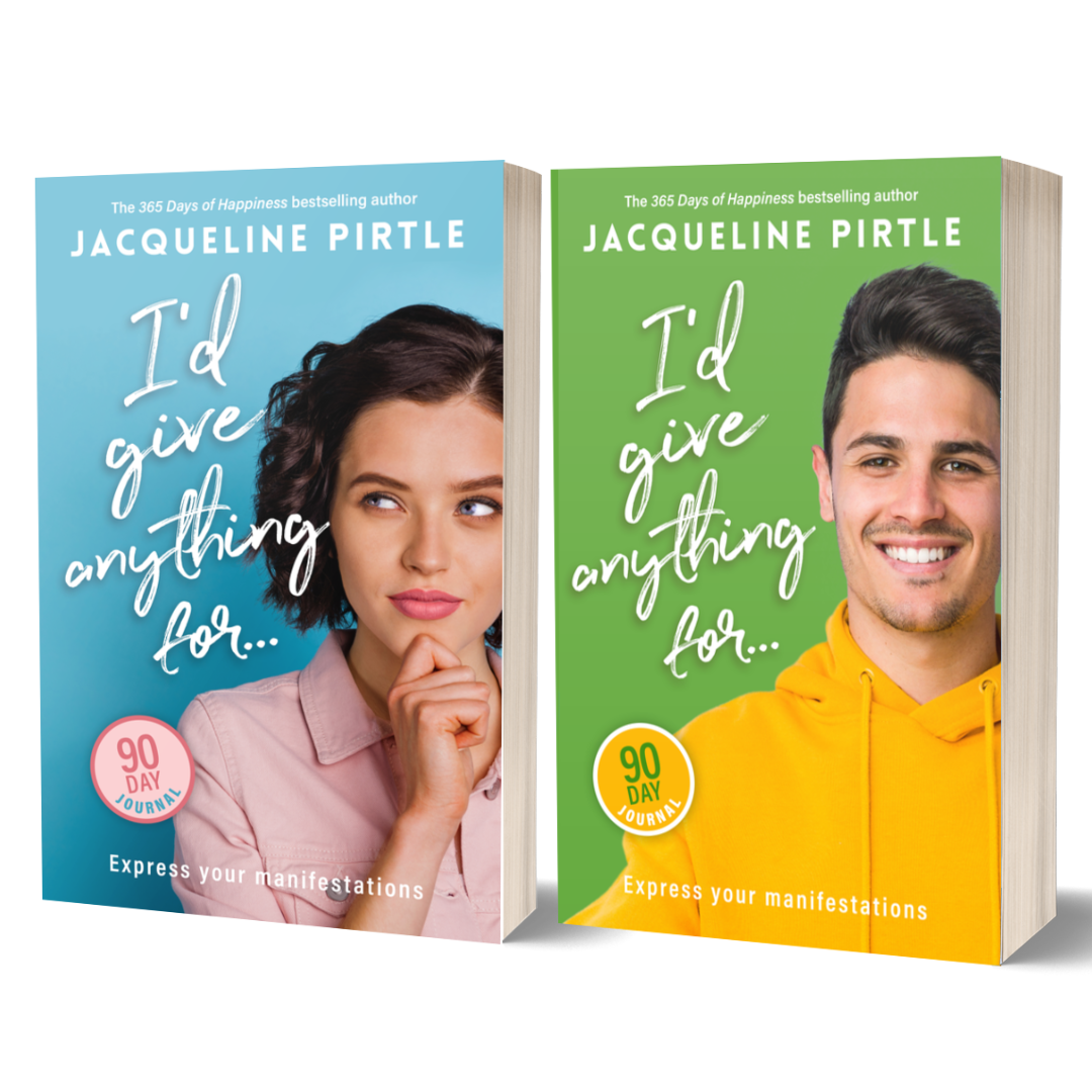 Two books titled 'I'd Give Anything For' by Jacqueline Pirtle on a white background, two manifestation journals for a woman and for a men, as a couple and a bundle