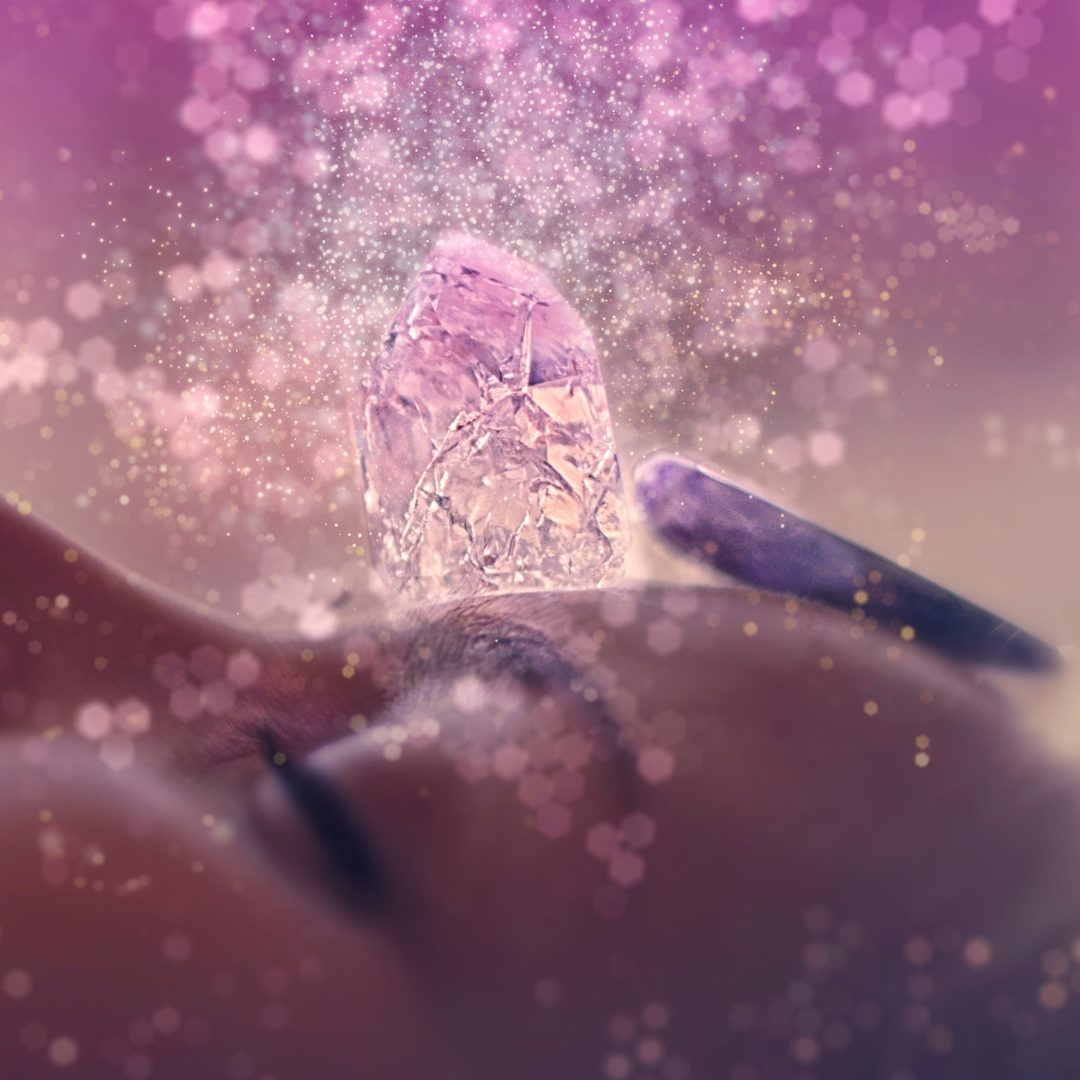 Close-up of a face with a crystal with a purple and pink color scheme.