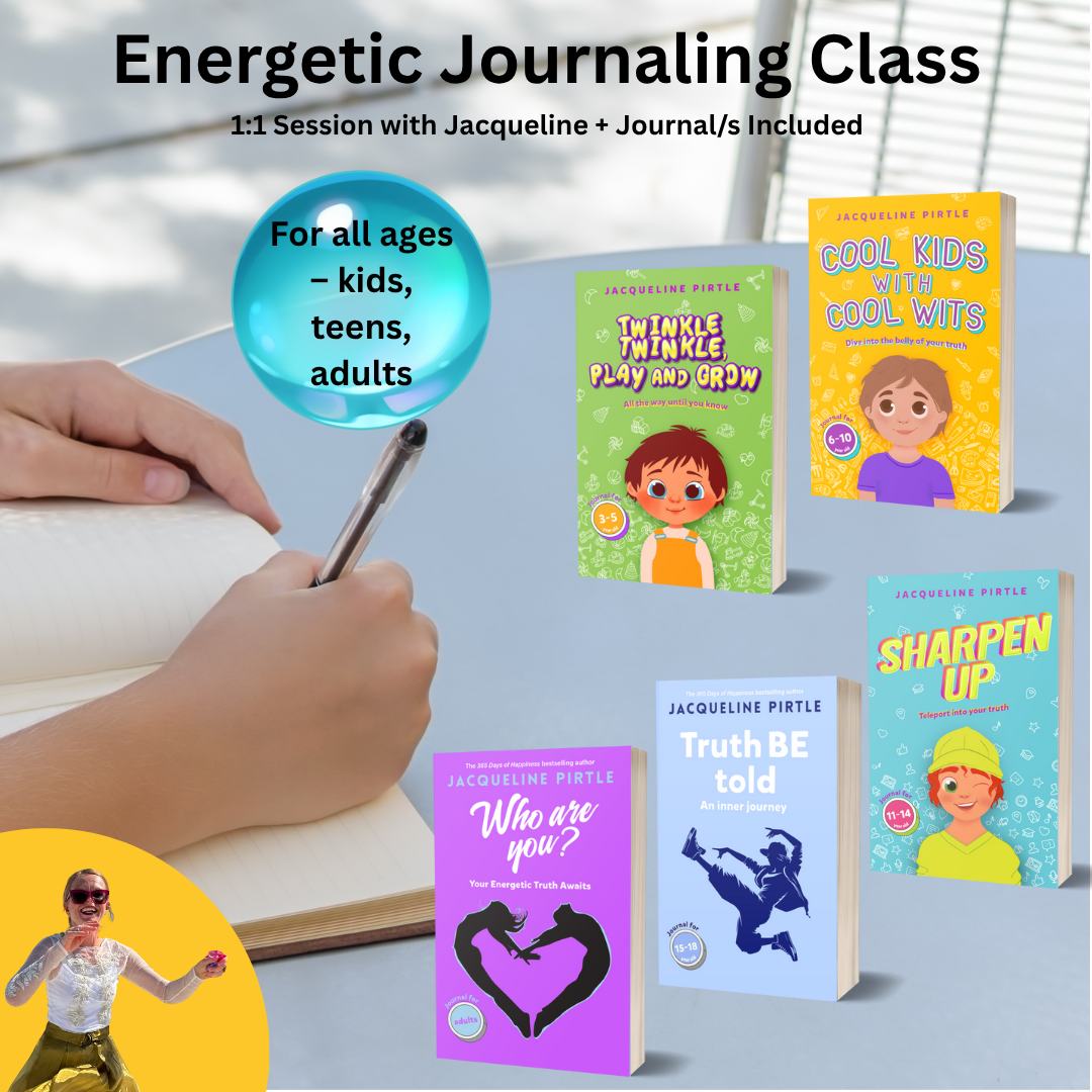 Promotional image for an energetic journaling class with Jacqueline Pirtle, the author, with books and a hand holding a pen.