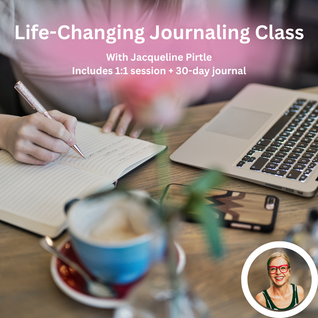 Promotional image for a journaling class by Jacqueline Pirtle with a person writing in a notebook, a laptop, a coffee cup, and a decorative item on the desk. Small inset images show the person with glasses and a smile, and a group of books.