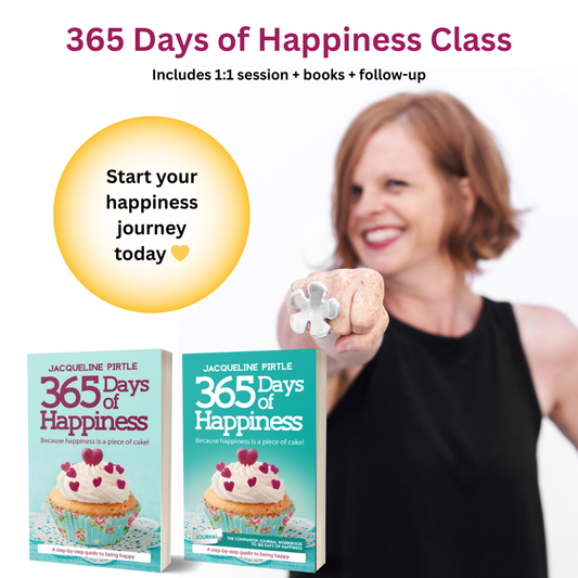 Promotional image for the 365 Days of Happiness Class featuring a smiling woman - Jacqueline Pirtle - fistbumping, plus her books 365 Days of Happiness and journal workbook, with text inviting viewers to start their happiness journey today.