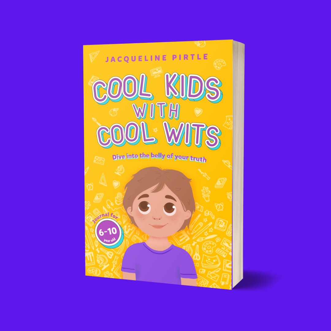 A colorful cover of the 'Cool Kids With Cool Wits' journal featuring an illustration of a young child with a smiling face, set against a vibrant yellow background with playful patterns and text. Energetic Profile journal by Jacqueline Pirtle