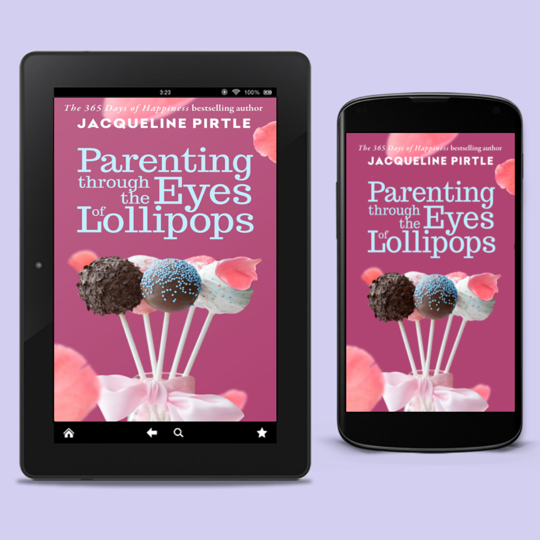Tablet and smartphone displaying the book 'Parenting through the Eyes of Lollipops' by Jacqueline Pirtle on a purple background.