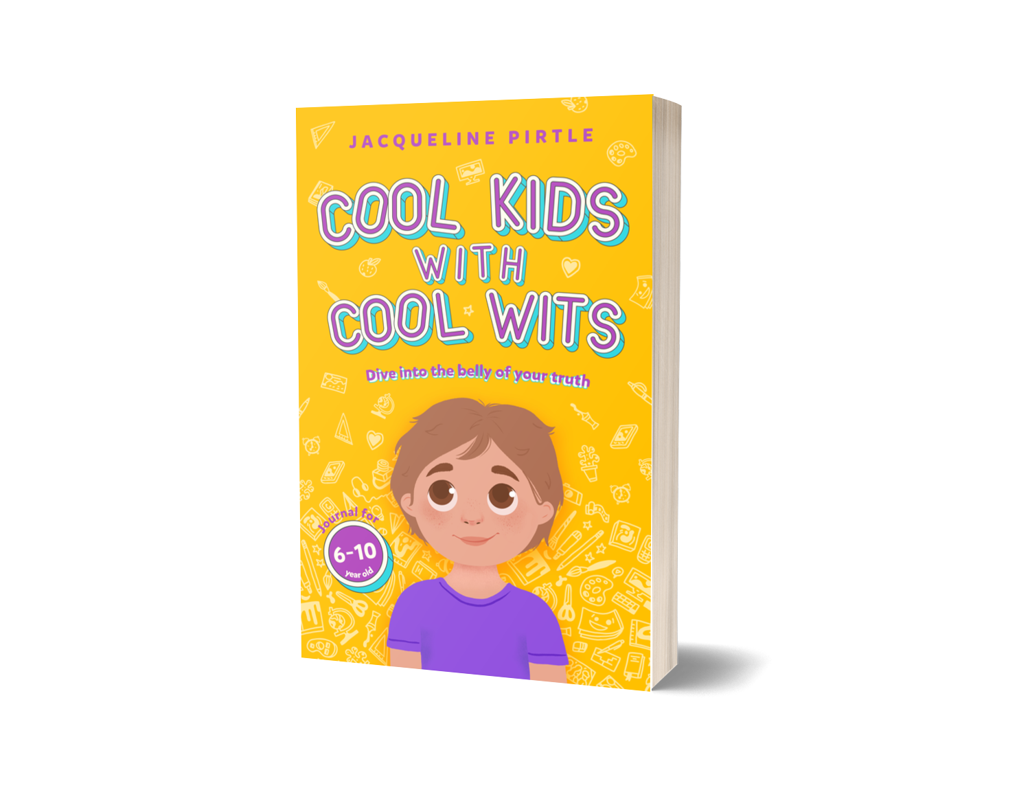 A colorful cover of the 'Cool Kids With Cool Wits' journal featuring an illustration of a young child with a smiling face, set against a vibrant yellow background with playful patterns and text. Energetic Profile journal by Jacqueline Pirtle
