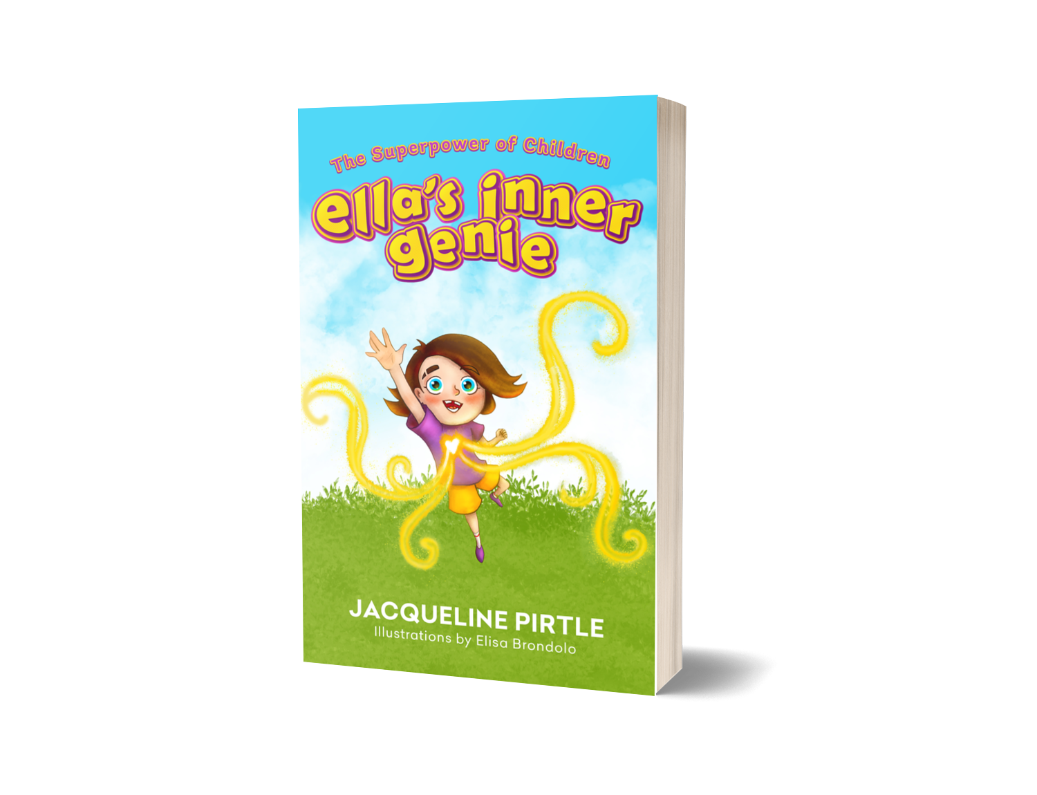 Book titled 'Ella's Inner Genie' the superpower of children with a colorful cover featuring a girl and a sale banner on a yellow background by Jacqueline Pirtle